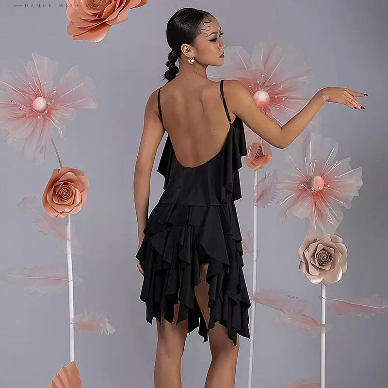 Women Pink Black Latin Dress Ballroom Dance Competition Dress Prom Dress Open-Back Ruffled Latin Dance