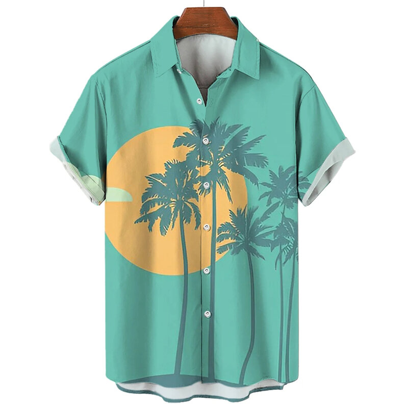 Summer Men's and Women's Short Sleeve Shirts Palm Tree Print Seaside Beach Lapel Button Up Shirt Tops