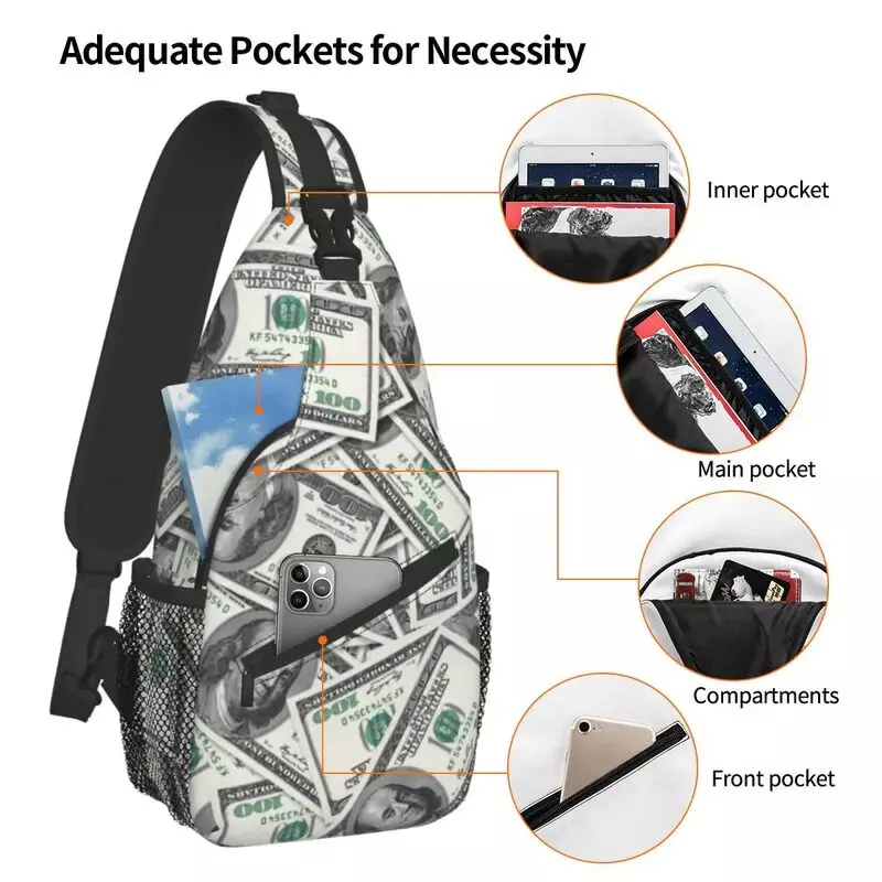 Bolsa de peito crossbody sling masculina, padrão de dinheiro dos EUA, mochila de ombro para viagem, dólar americano, legal, 2024
