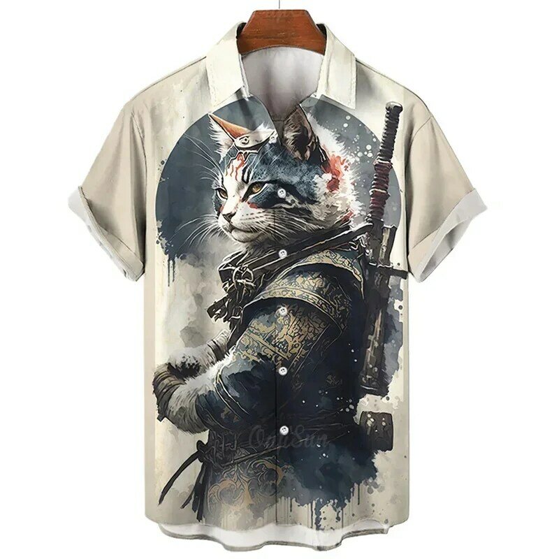 Chemises hawaïennes pour hommes, impression 3D, chat japonais Camurai, chemises décontractées pour hommes, été, manches courtes, médicaments scopiques, rentabilité ha