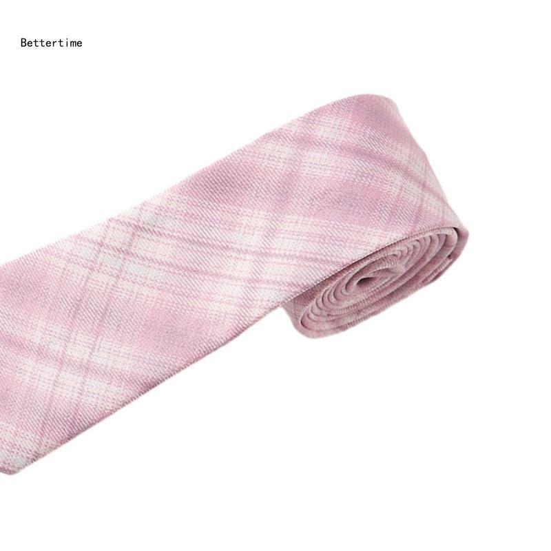 B36D Women Pre-Tied Necktie Pink Checkered Tie School Uniform Neckwear Bowtie Bowknot