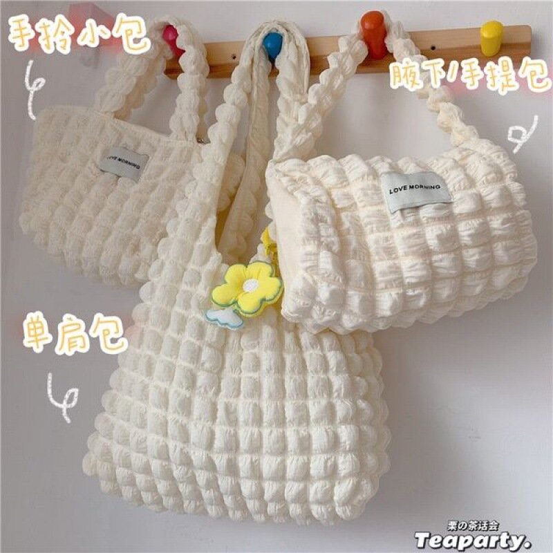 Bolso de hombro de burbujas plegable con forma de corazón para mujer, bolsa de mano pequeña y fresca, bolso de compras de lona para niña