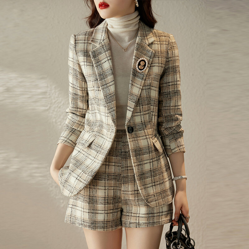 Traje elegante de 2 piezas para mujer, conjunto de chaqueta y pantalones cortos informales con estampado ajustado y una hilera de botones, estilo coreano, primavera 2023
