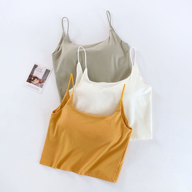Women One Piece U-Neck Crop Top With Chest Pad Sleeveless Spaghetti Strap Casual Camisole With Built In Bra