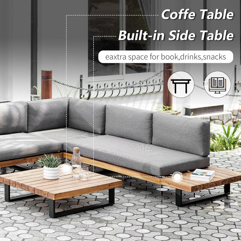 Extra großes l-förmiges Sofa garnitur im Freien, modernes Gesprächs set auf der Terrasse mit Couch tisch und abnehmbarem Kissen