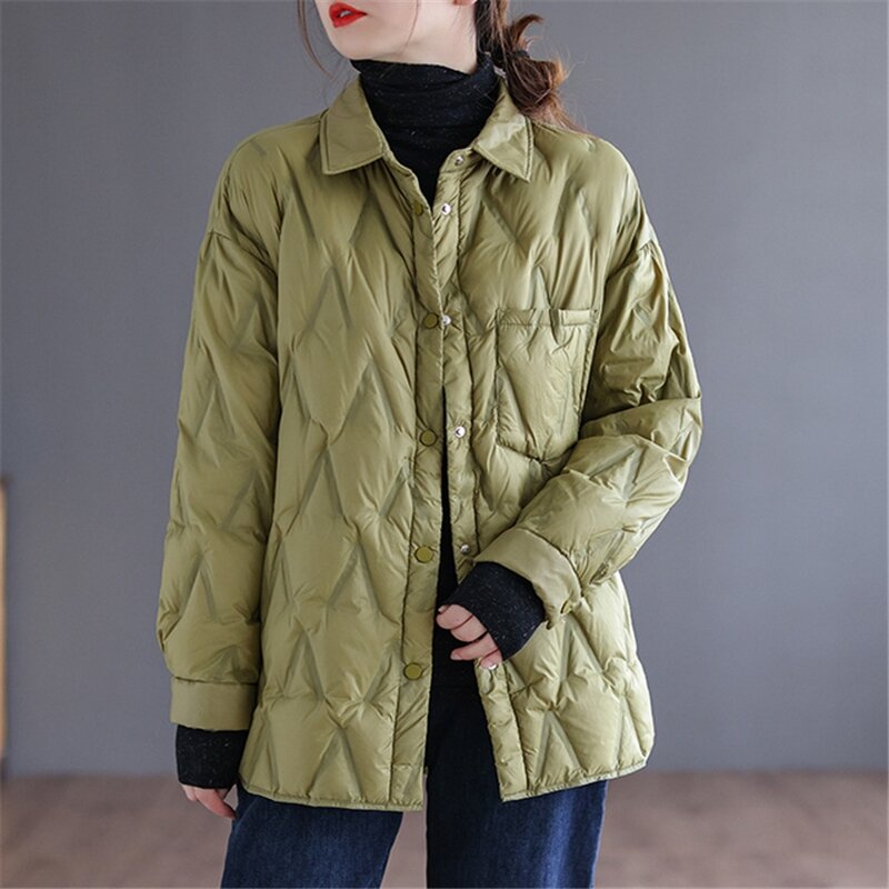여성용 턴다운 칼라 다운 코트, 초경량 90% 화이트 덕 다운 재킷, 싱글 브레스트 라미네이트 마름모 파카, 가을 겨울