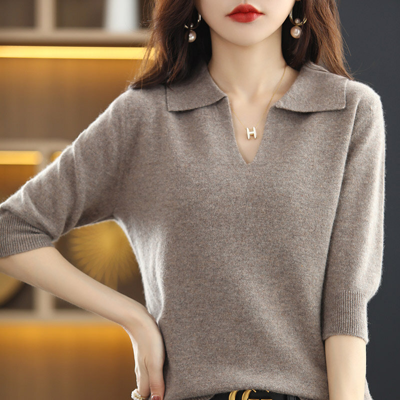 여성 톱 캐시미어 스웨터 봄과 가을 새로운 티셔츠 100% 순수 울 니트 스웨터 느슨한 얇은 풀오버 짧은 소매 동향