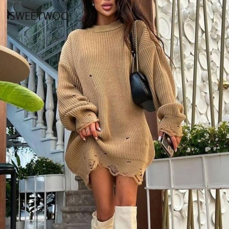 Women Fashion Autumn Green Casual Oversized Sweater Pullovers Long Sleeve Female Solid Ripped Tassel Loose Sweater Jumper 2022