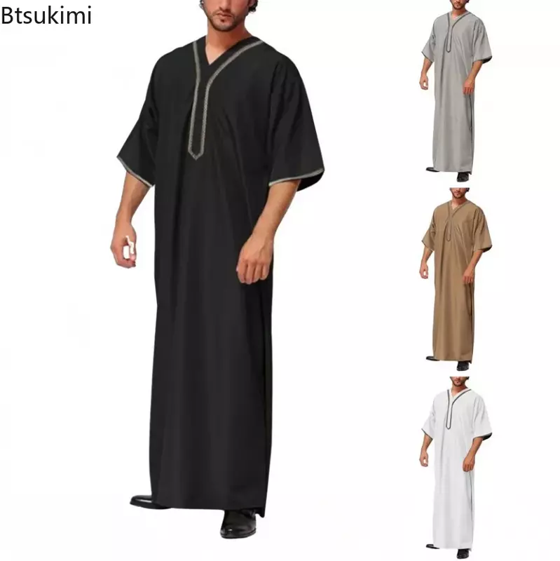 Men Vintage Half Sleeve Muslim Kaftan Robes Leisure V Neck Printed Jubba Thobe Solid Patchwork Arabic Clothes Plus Size S-5XL