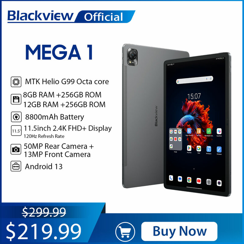 Blackview-MEGA 1 Tablet PC, 11.5 ", 2K FHD + Display, 120Hz, Helio G99, 12GB + 12GB RAM, 256GB ROM, Bateria 8800mAh, 33W, 50MP, 4G Comprimidos
