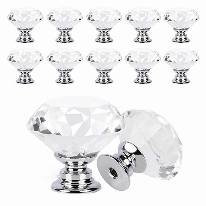 Diamond Shape Design Crystal Glass Knobs, Armário, Gaveta Pull, Porta do armário da cozinha, Wardrobe Handles, Hardware, 30mm, 10Pcs por conjunto
