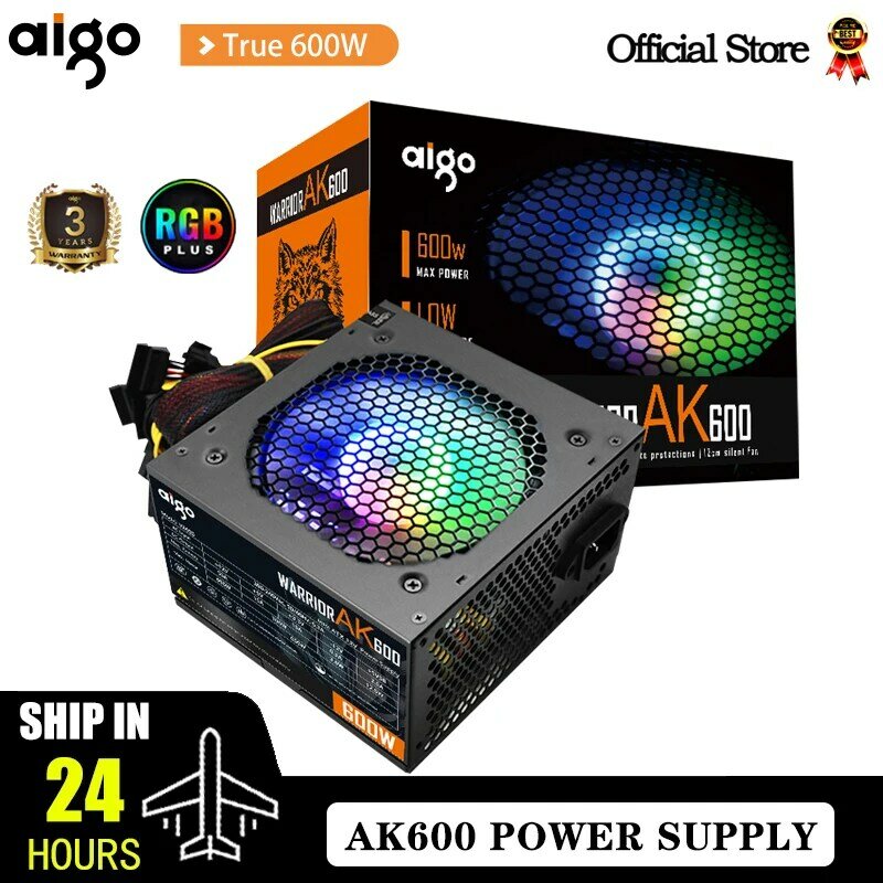 Aigo AK 600W PC PSU Power Supply Unit Black Gaming Quiet 120mm RGB Fan 24pin 12V ATX Desktop Computer Power Supply for BTC