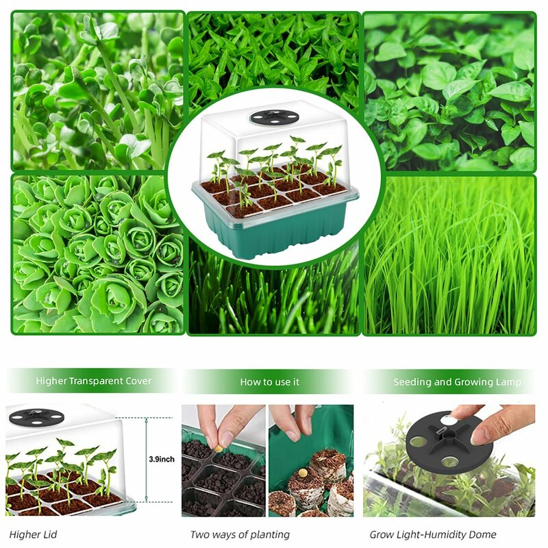 12 Cells LED Grow Light with Seedling Tray Plant Seed Starter Trays Indoor Greenhouse Propagator Growing Trays with Holes
