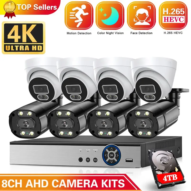 AHD CCTV Camera Security System Kit, 8CH, 4K, DVR, NVR Set, Face Detection, Cor, Visão Noturna, Video Surveillance System