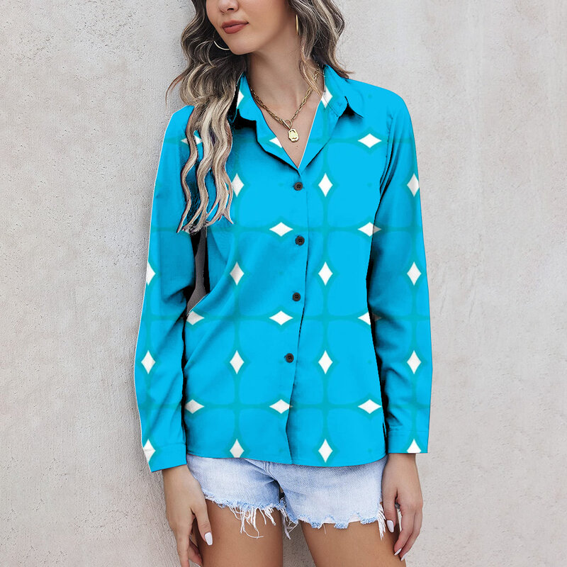 Camisa de manga comprida com estampa geométrica para mulheres, blusas com botão, tops casuais, camisas azuis, roupas femininas, verão, 2024