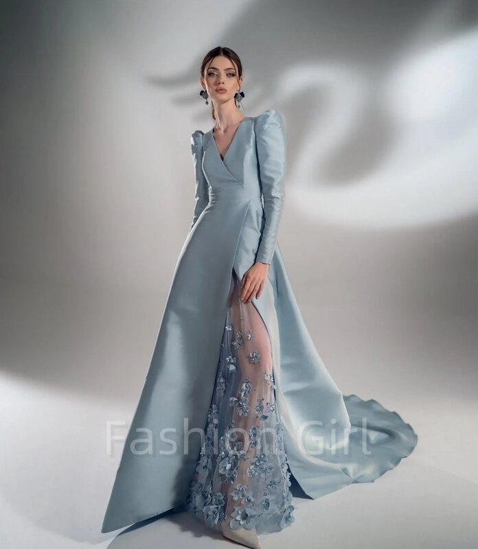 Elegant blau eine Linie Satin V-Ausschnitt Langarm Tüll 3d Blumen Aufkleber sexy Seite Schlitz Abschluss ball Party Fashion ista Luxus Abendkleid