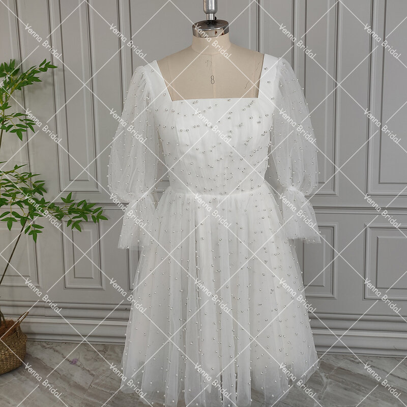 Женское свадебное мини-платье, милые шикарные платья невесты с короткими рукавами-фонариками, квадратным вырезом и открытой спиной