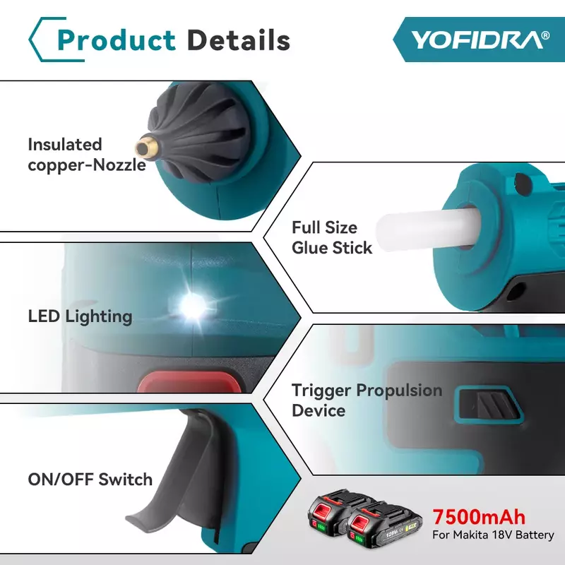 Yofidra-Pistolet à colle thermofusible électrique sans fil, anciers de colle, odorà air comprimé de soudage thermofusible, batterie Makita 18V, 11mm