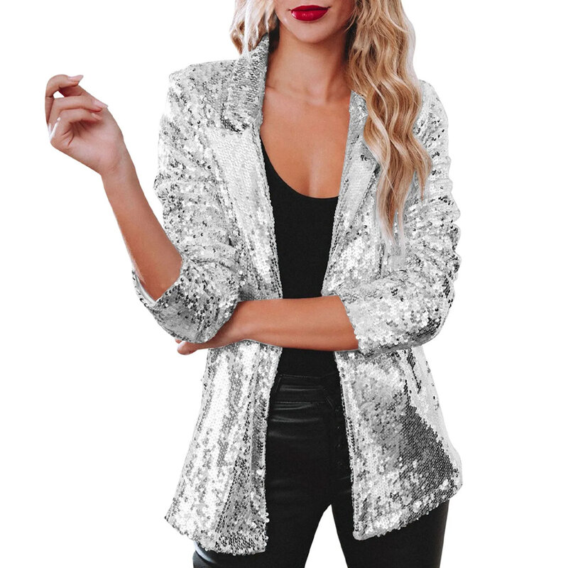 Female Blazer Autumn Winter Lapel Long Sleeve Outerwear Party Sequins Shinny Street Temperament Casual Inelastic