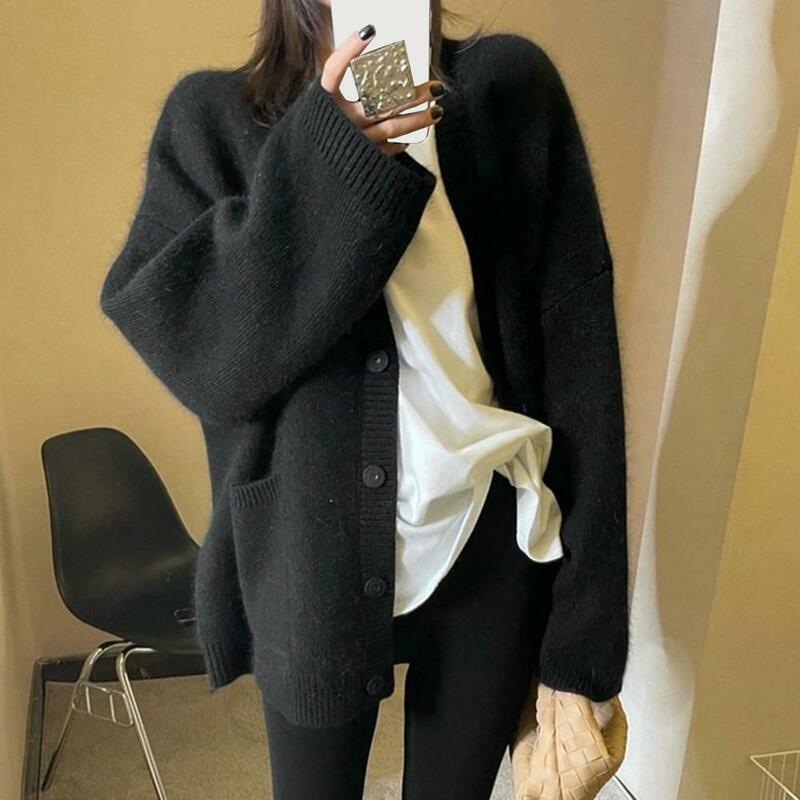 Casual V-neck Cardigan Cozy Knitted Sweater Coat Button Closure Solid Color Pockets Women's Fall/winter Cardigan with Elasticity