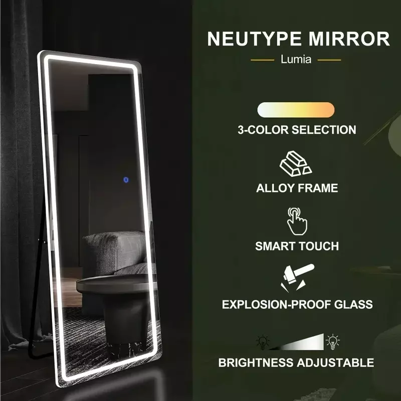 Espejos de suelo de 63 "x 20" de longitud de cuerpo completo, espejo de suelo completo LED rectangular moderno con soporte, plateado