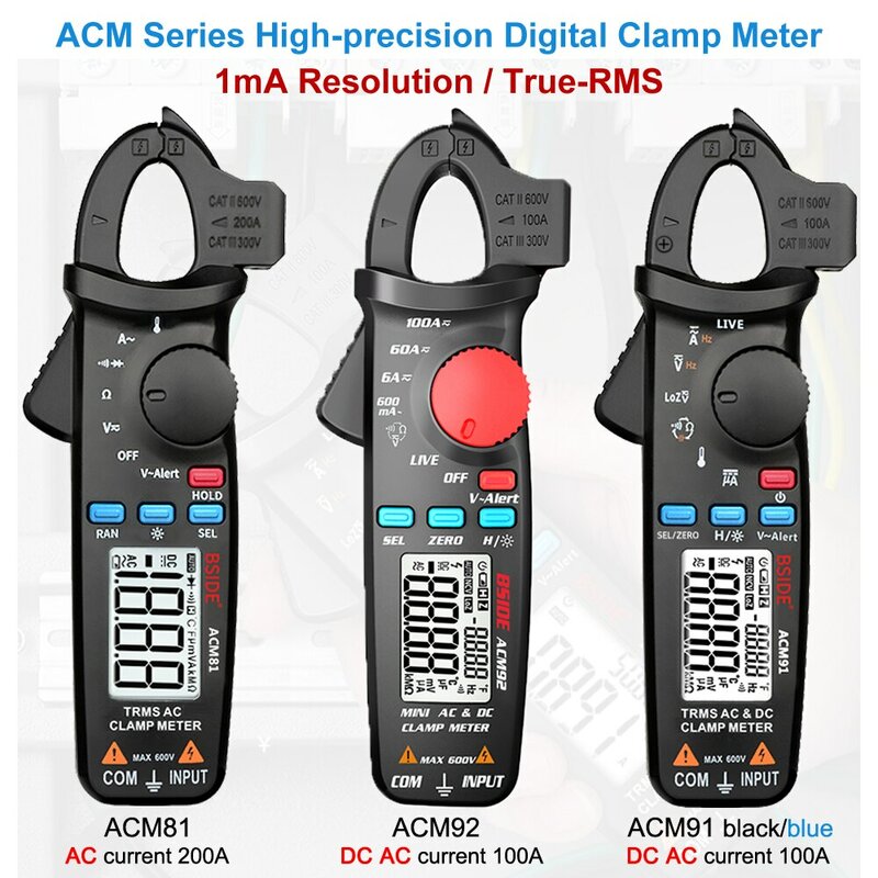 BSIDE-Digital Clamp Meter, Amperímetro de Alta Precisão, Alicates, True RMS, DC, Corrente AC, Reparação Automóvel, Testador de Temp Elétrico, Multímetro, 1mA