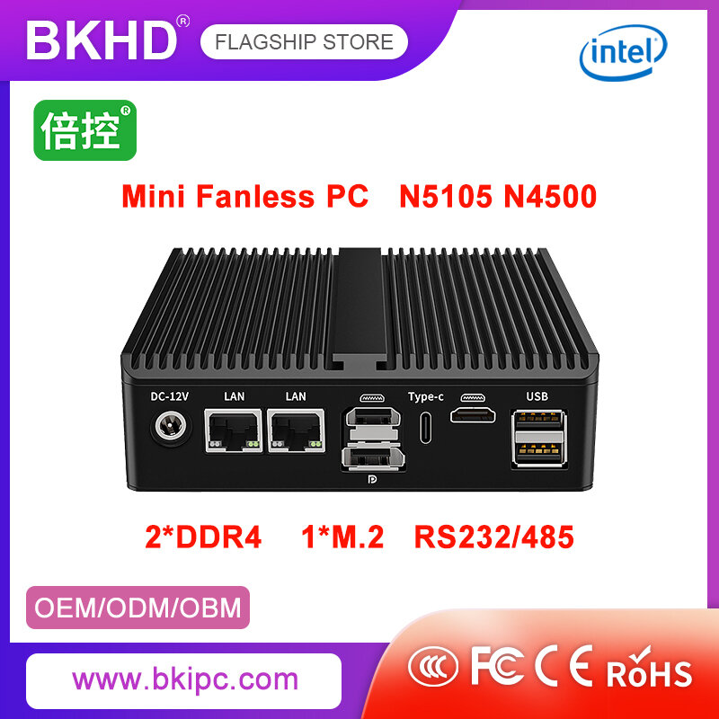 BKHD-Mini serveur sans ventilateur Celeron N5105 N4500, adapté pour tournesol industriel, IoT Machine Vision, DAQ 2LAN, RS232/485