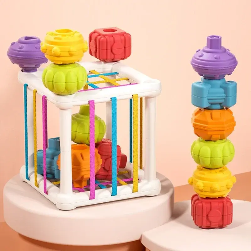 Jouets de tri de formes Montessori pour bébé, cube mentaires oriel coloré avec bandes élastiques pour la motricité fine