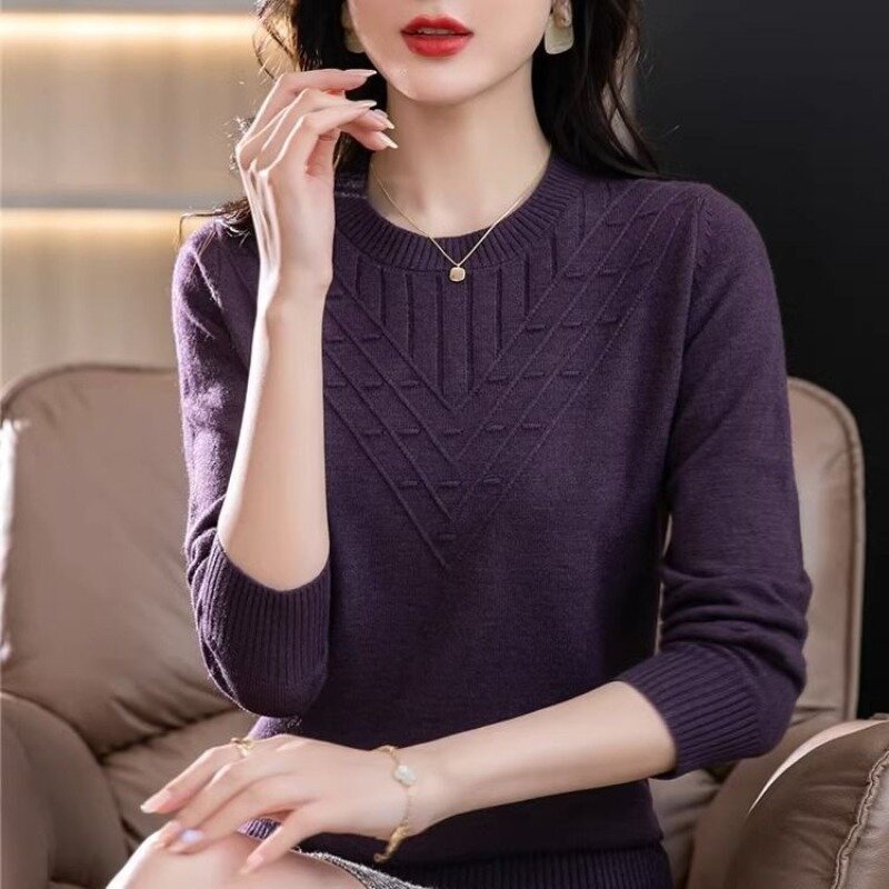 Temperament Spring Autumn Solid Color Women's Round Neck Screw Thread Fashion Elegant Long Sleeved Loose Sweater Knitted Tops