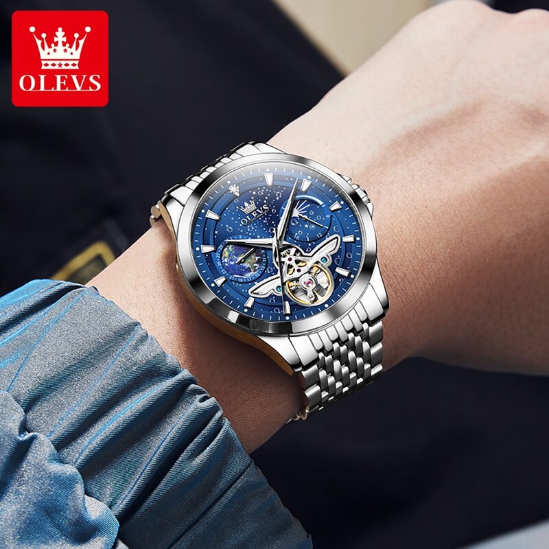 OLEVS Men's Watches Classic Fashion Original Automatic Mechanical Watch for Man Hollow Flywheel Moon Phase Dial Waterproof