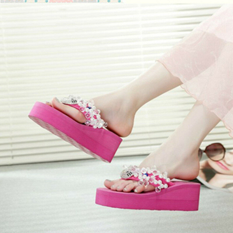 Chinelos de salto alto dos desenhos animados Hello Kitty para mulheres, chinelos rosa, sapatos plataforma, lazer, Harajuku, macio, lazer, novo, verão
