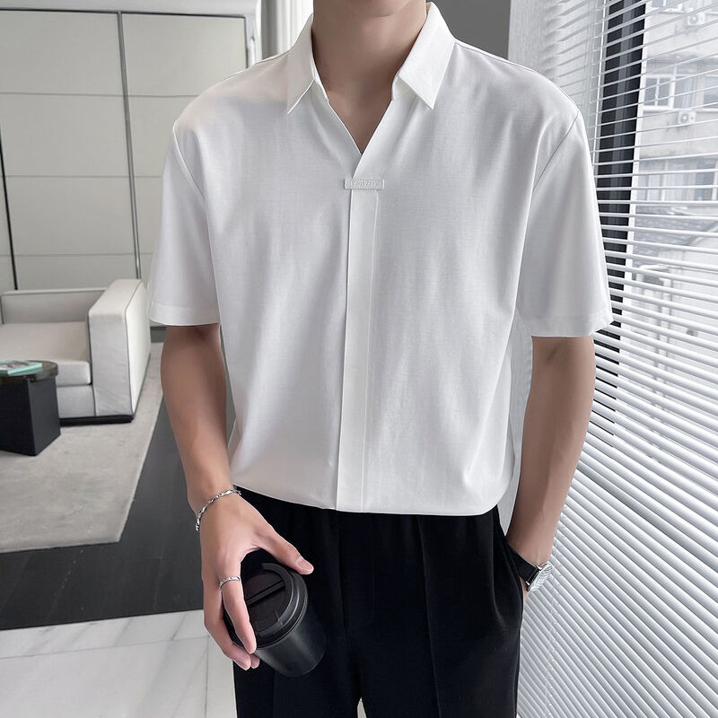Camisas polo de manga curta masculina com decote em v, seda fina, sem engomar, lapela casual solta, cor sólida, verão, nova, 2022