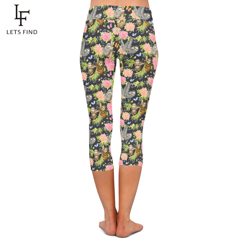 LETSFIND moda nuove donne Casual Capri Leggings bradipi e fiori stampa digitale vita alta Fitness Stretch pantaloni a metà polpaccio 3/4