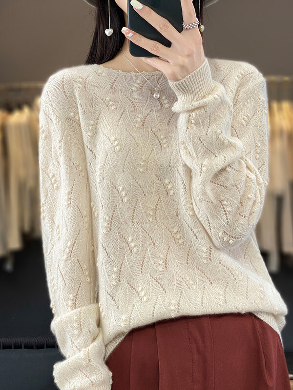 Aliselect Women Sweater Hollow Out O-neck Pullover Vintage 100% Merino Wool Long Sleeve Knitwear Spring Autumn Clothing Tops