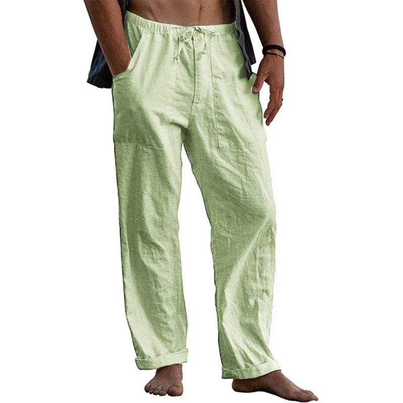 Celana panjang katun Linen longgar untuk pria, celana panjang pantai musim panas modis kasual nyaman elastis dengan kancing