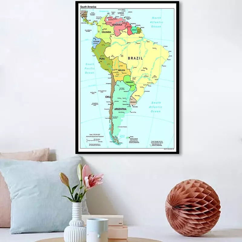 60*90cm de la América del Sur mapa político lienzo pintado con Spray pared arte cartel habitación decoración para el hogar de la escuela suministros