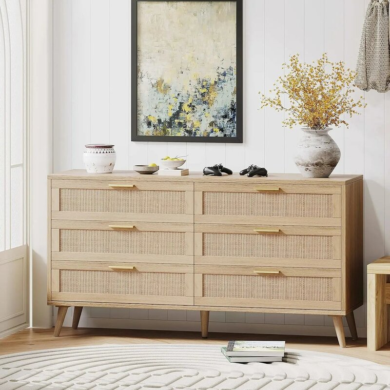 Rovaurx 6 Drawer Double Dresser for Bedroom, Rattan Chest of Dressers, Modern Wooden Dresser Chest with Golden Handles, Beside T