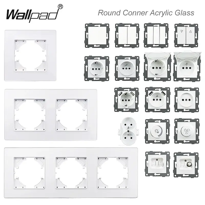 DIY EU On Off Light Switch with LED Dimmer French Usb Type A C Wall Socket TV RJ45 CAT6 Wallpad White Acrylic Glass Frame Outlet