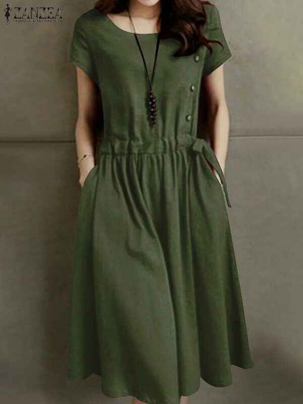 ZANZEA Mùa Hè Váy Bông Vintage Nữ Ngắn Tay Dây Rút Eo Sundress Thời Trang Cho Tới Đầu Gối Vestidos Dài