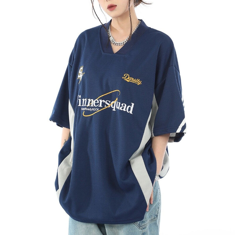Y2K T-shirt w za dużym rozmiarze damskie letnie Vintage kolor kontrastowe z krótkim rękawem z dekoltem w szpic luźne sportowe bluzki dla par hiphopowy sweter