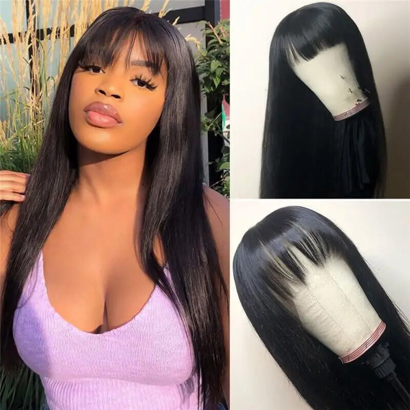 200 Density Human Hair Wig with Bangs Bone Straight Brazilian None Lace Frontal Wigs 30 Inch Short Gluless Wig For Women Choice