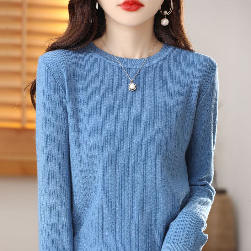 Suéter de punto de manga larga con cuello redondo para mujer, jersey de Color sólido, camisa inferior, primavera y otoño, nuevo