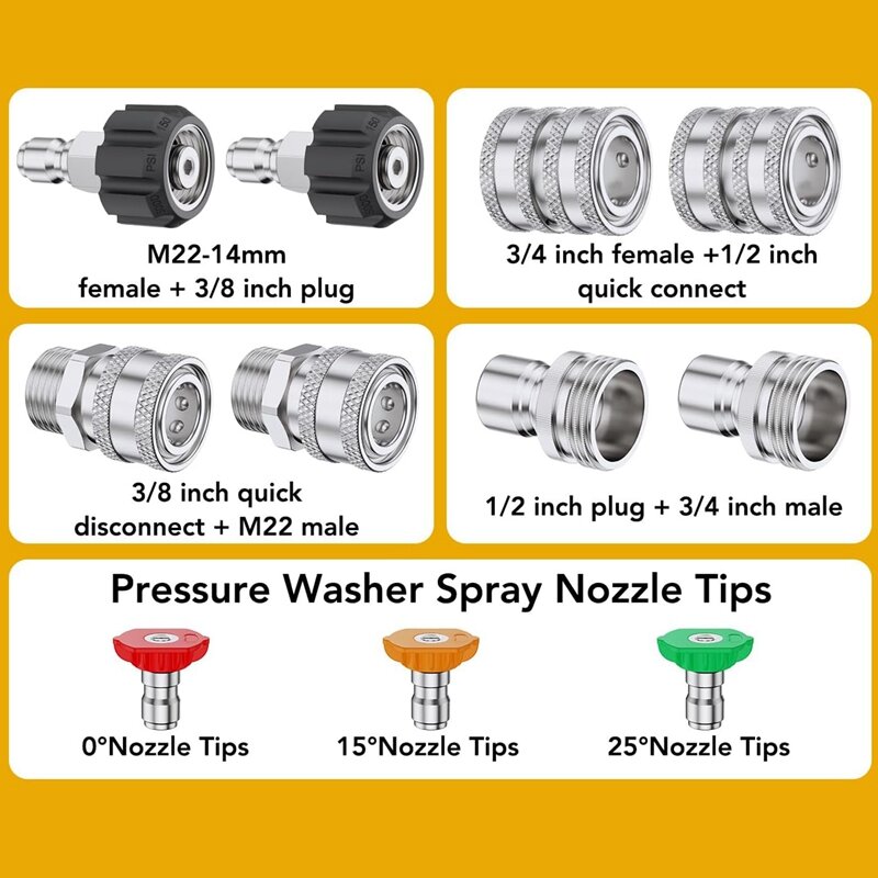 Pressure Washer Adapter Set, Quick Disconnect Kit, M22 Swivel To 3/8Inch Quick Disconnect, 3/4Inch To Quick Disconnect
