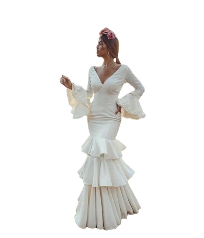 Vestidos de Fiesta de baile de Flamenco de sirena marfil con falda escalonada, mangas largas, cuello en V, vestidos de ocasión de noche de Flamenco español