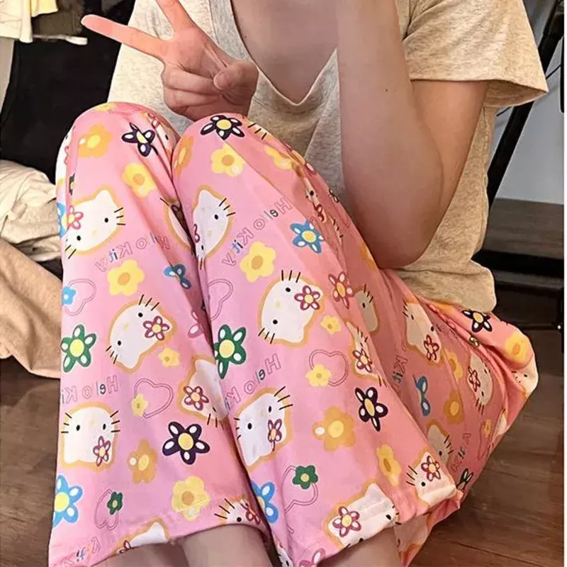 산리오 헬로 키티 파자마 바지 여성용, 오버사이즈 잠옷 바지, Y2k 귀여운 만화 애니메이션 캐주얼 얇은 홈 바지 의류, 여름