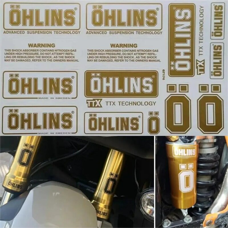 Matowe złoto przezroczysta naklejka amortyzatorowa OHLINS modyfikacja motocykla wodoodporna dekoracyjna kolorowa folia amortyzatorowa