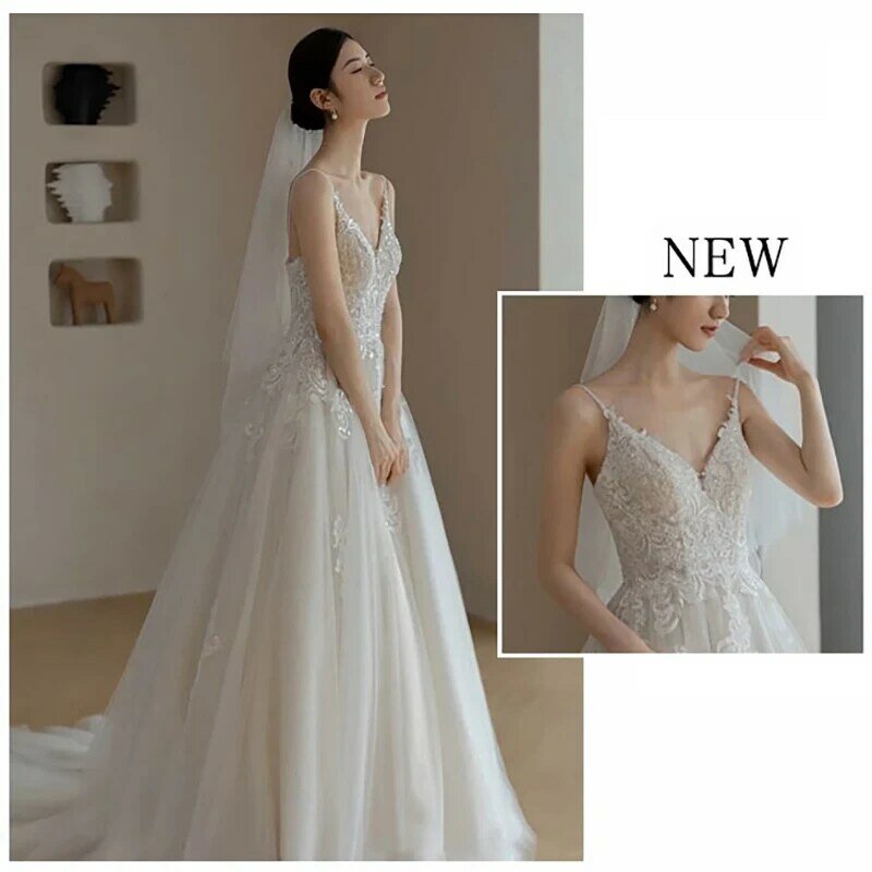 2024 Lace Wedding Dresses Women Tulle Boho Appliques Bridal Gowns Spaghetti Straps V-Neck Vestidos De Novia Casamento Civil