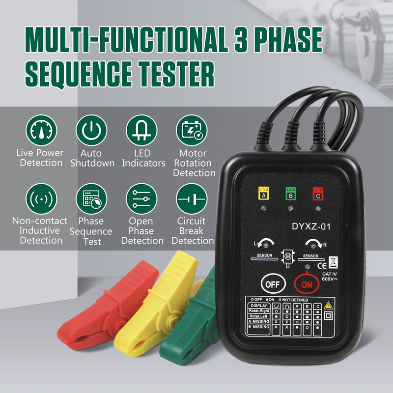 DUOYI DYXZ-01 DYXZ-02 3 Phase Detector Rotation tester Non-Contact Phase Sequence Detector Meter Indicator Digital LED Buzzer