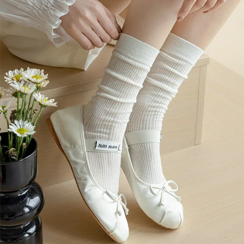 Chaozhu ถุงเท้ายาวสำหรับผู้หญิง, 1คู่ถุงเท้าบางกลวงหลวมหวานโลลิต้า JK ระบายอากาศผ้าฝ้ายถักสีชมพูไมค์ถุงเท้า