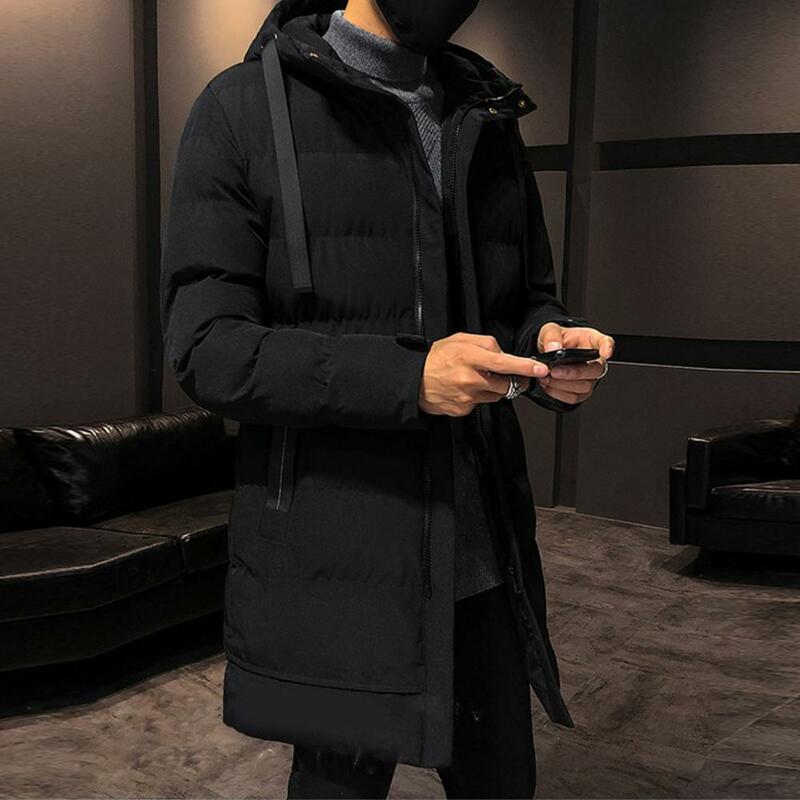 Homem casacos de inverno acolchoado com capuz manga comprida com cordão de comprimento médio blusão para uso diário